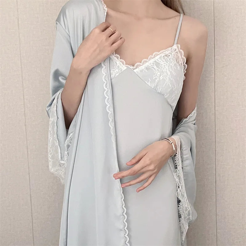 MQTIME - Female Twinset Robe Set Kimono Bathrobe Gown Sexy Backless Suspender Nightgown Lingerie with Bra Spring Summer Satin Home Dress