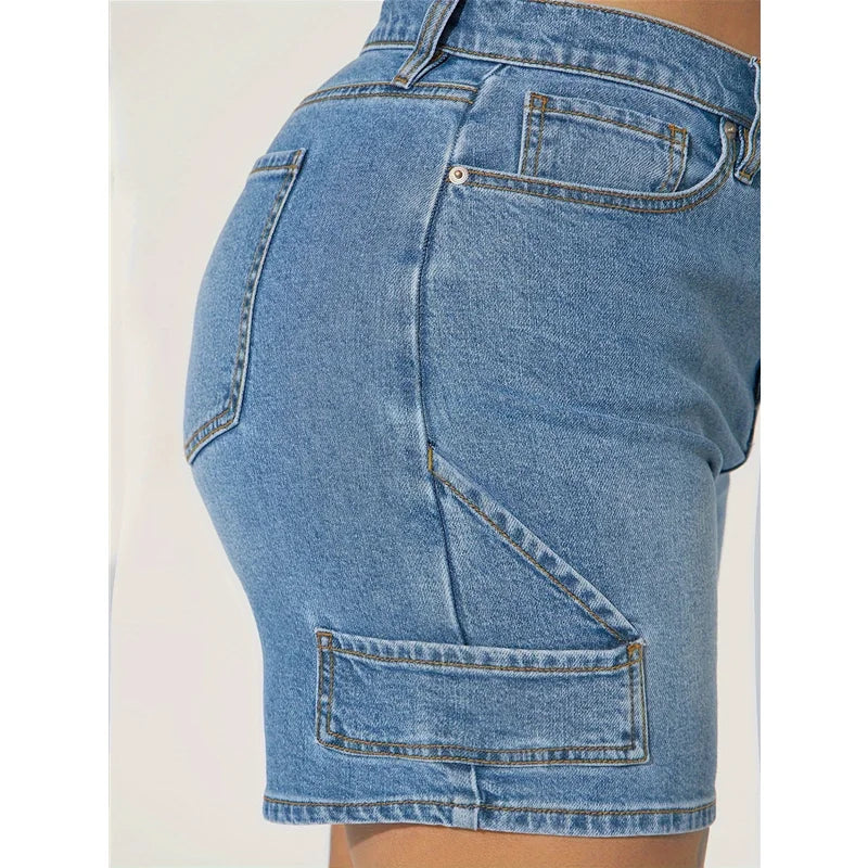 nvxiot - 2024 Women's Shorts Summer Blue High Waist Jeans Y2K Straight Cargo Casual Short Pants Streetwear Vintage Wide Leg Denim Shorts