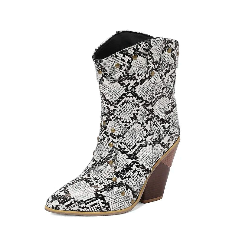 MQTIME - 2024 new autumn winter women ankle boots plus size 22-28cm pu upper pointed toe metal rivet high heel western boots