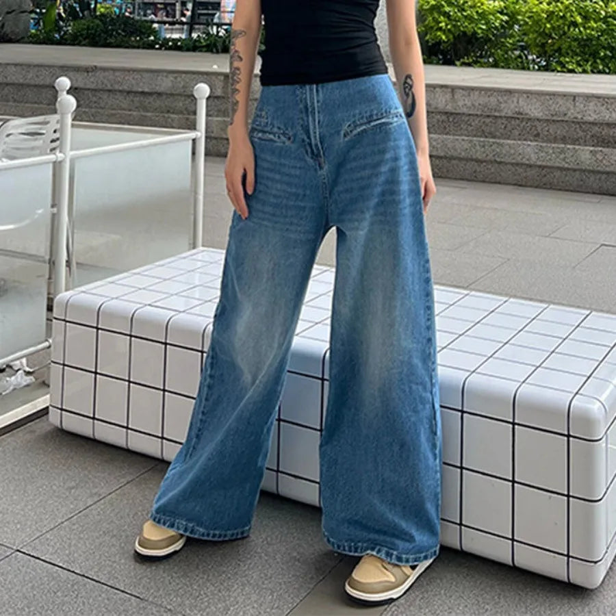 nvxiot - Womens Jeans High Waisted Boyfriend Baggy Loose Wide Straight Leg Casual Blue Denim Pant @ harajuku streetwear y2k korean cloth