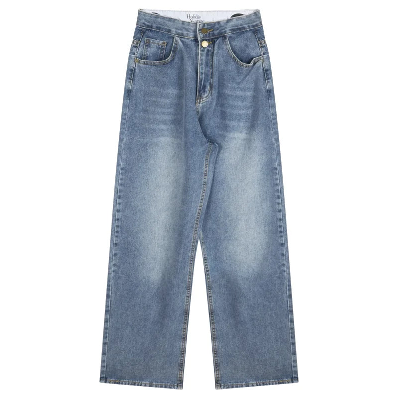 nvxiot Korean Letter Printed Loose Y2K Casual Jeans Women Spring New High Waist Flap Fashion All-match Wide Leg Pants