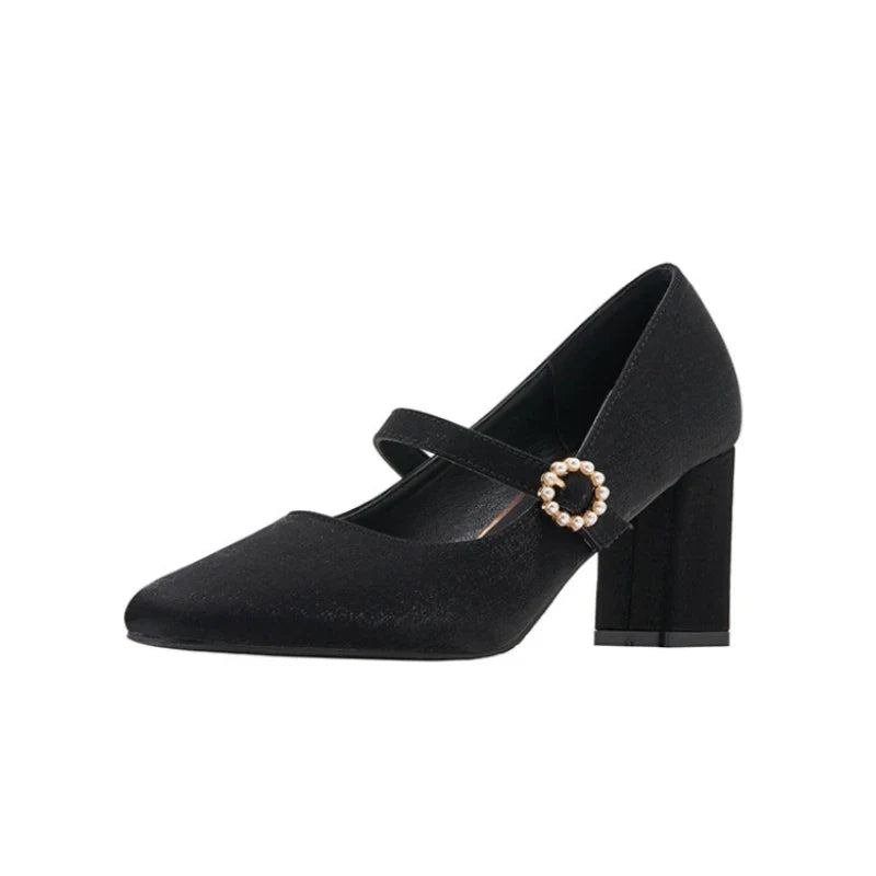 MQTIME - Vintage Pearl Buckle Thick-Heeled Silk Satin High Heels Mary Jane Shoes for Women Chunky Heels Pumps Woman Shoes Fat Wide Feet