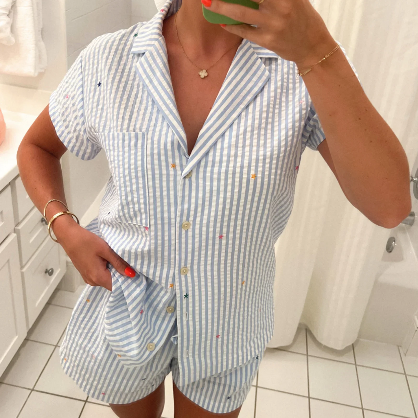 nvxiot - Women 2 Piece Floral Pajamas Set Y2k Long Sleeve Button Down Shirt Side Split Shorts Set Sleepwear Loungewear