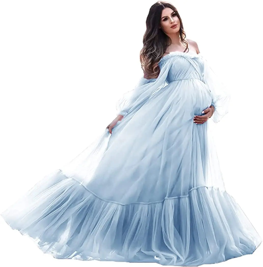 nvxiot - Puffy Sleeve Maternity Dress Tulle Robe With Underskirt for Photoshoot Off Shoulder Pregnancy Baby Shower Gown