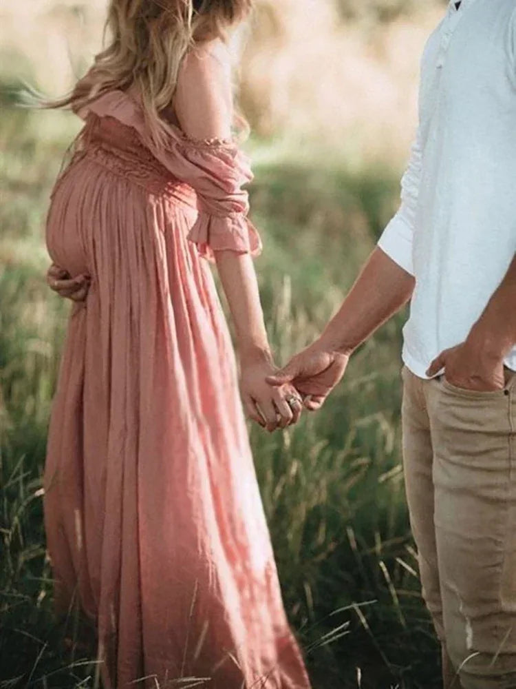 nvxiot - Pink Ruffle Off Shoulder Boho Photoshoot Pregnant Pregnancy Baby Shower Photography Maternity Clothes Maxi Dress For Women