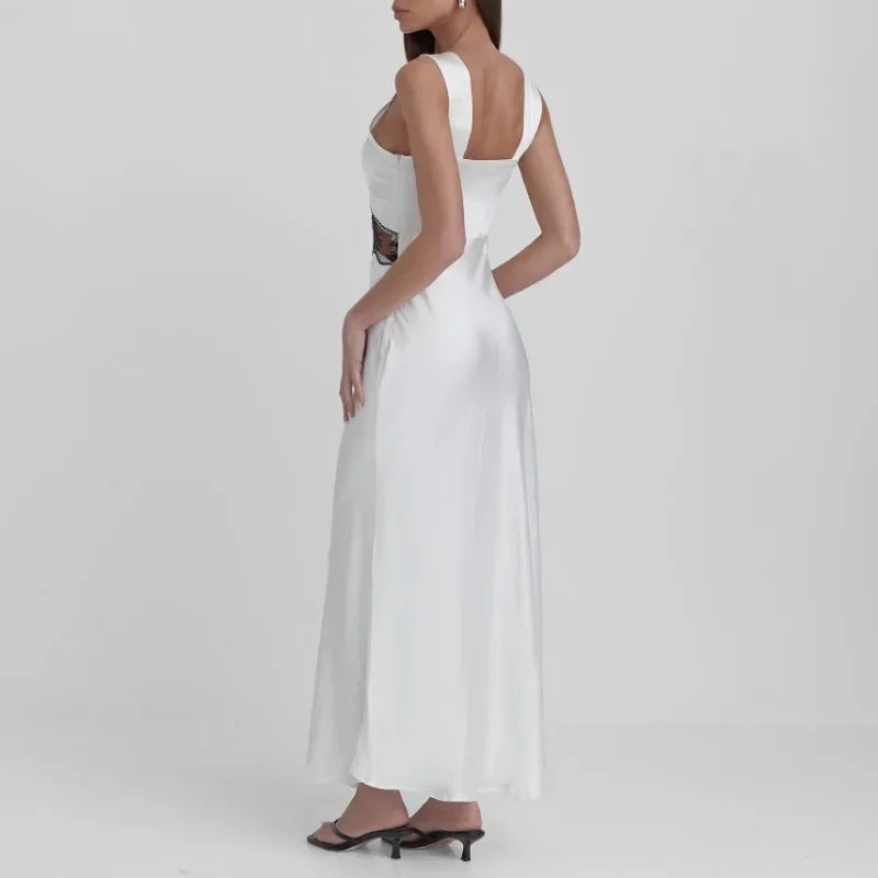 MQTIME - Hollow Lace Long Dress Women Patchwork Backless High Waist Sleeveless Dresses Party Fashion Evening Elegant Dress Femme