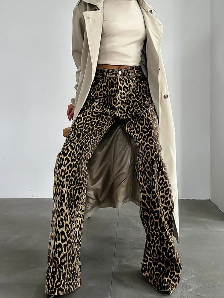 MQTIME - Summer Winter 2024 Women Leopard Trousers Streetwear High Waist Straight Pants For Women