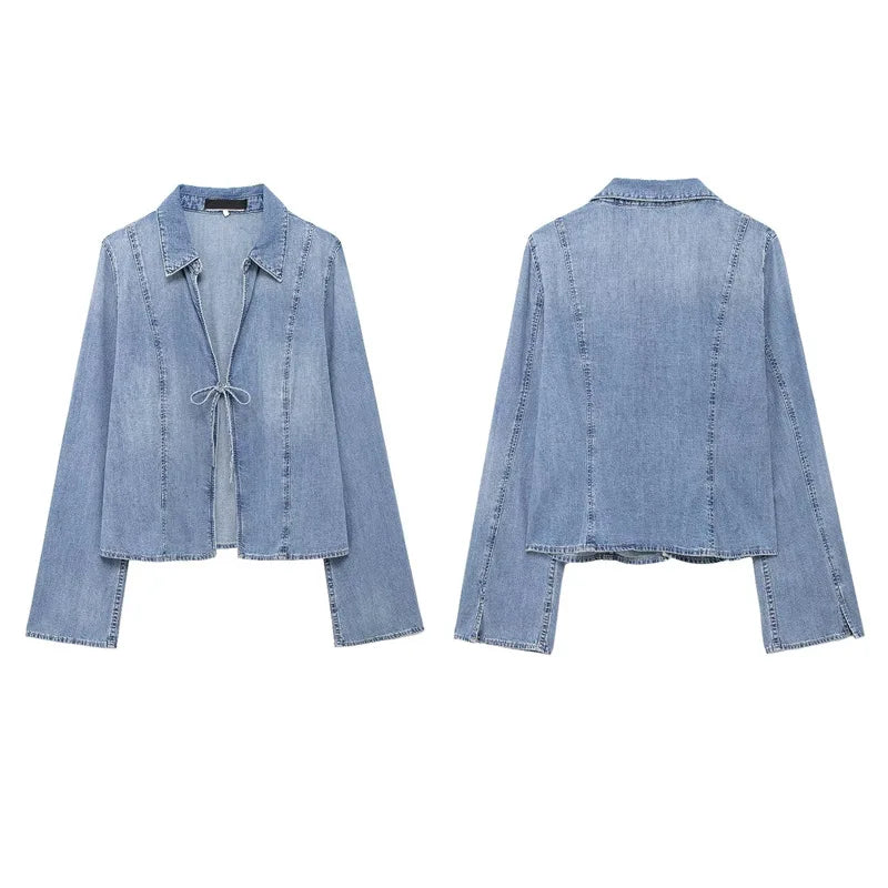 MQTIME - Thin Lace UP Denim Jacket Long Sleeve Women Casual Hollow Out Lapel Bow Slim Fit Coat Summer Chic Vintage Street Outwear