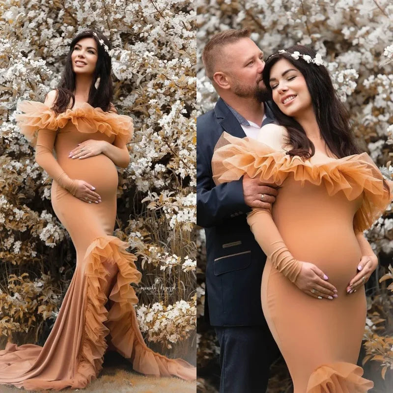 nvxiot - Elegant Mermaid Maternity Dress for Photoshoot Long Prom Dresses with Ruffles Side Split Baby Shower Gowns Vestido De Novia