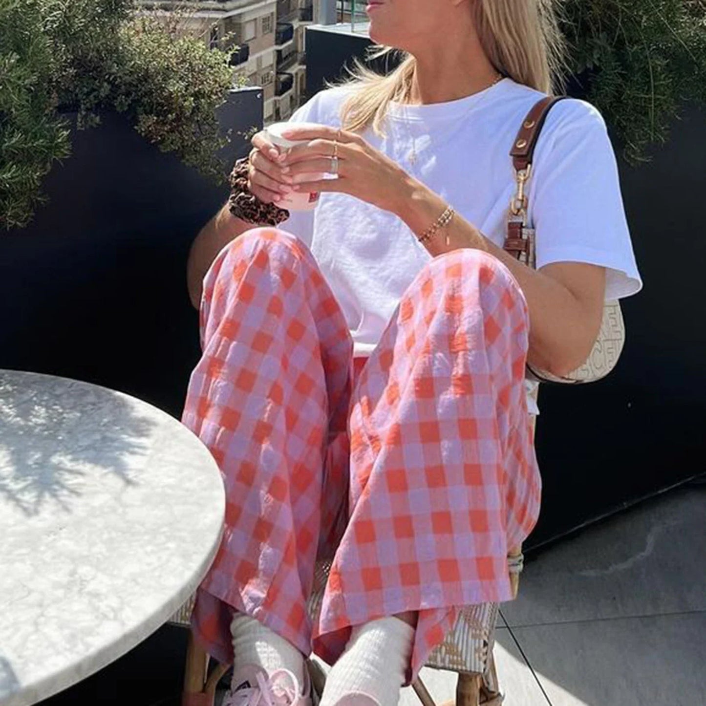 nvxiot - Y2K Womens Plaid Print Pants Vintage Elastic High Waist Wide Leg Loose Fit Trousers Casual Pull On Long Pants Streetwear
