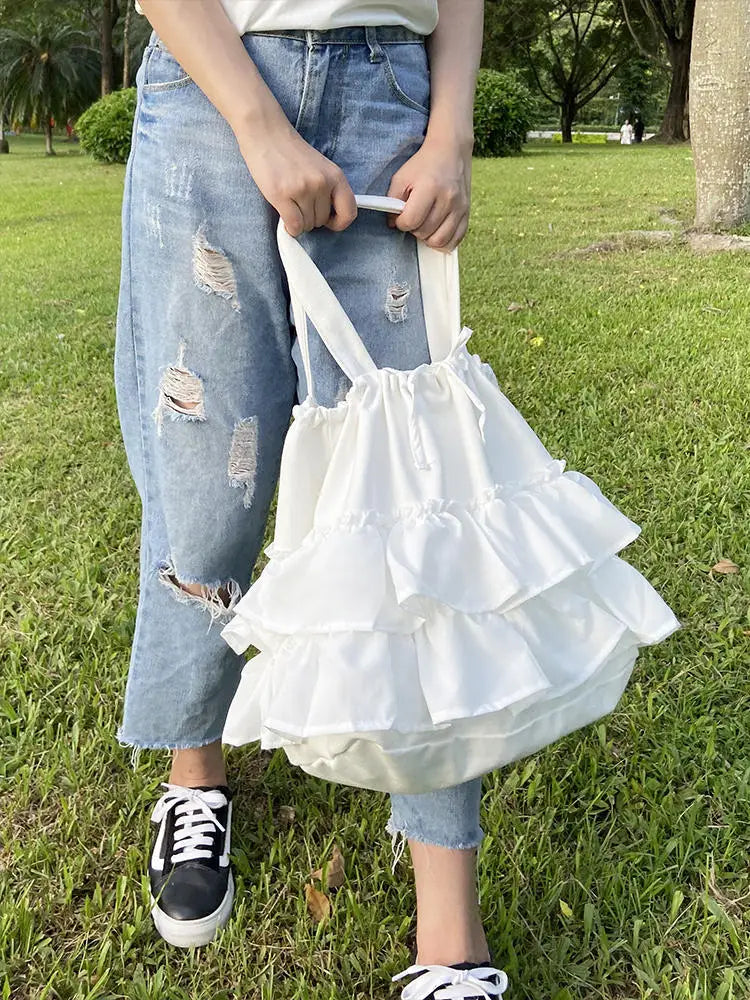 MQTIME - Ruffle White Y2k Handbag Women New Fairycore Drawstring Canvas Casual Shoulder Bag Ladies Harajuku Aesthetic Handbags