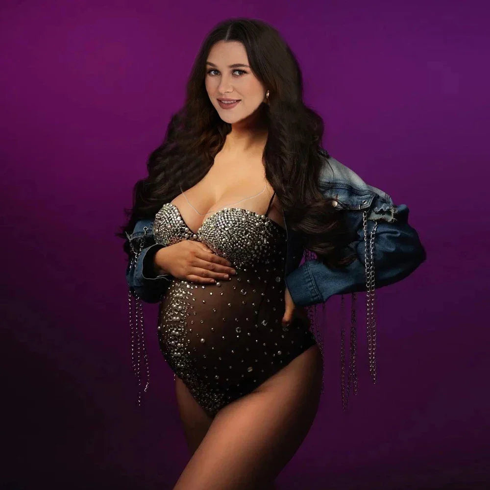 nvxiot - Fashion New Sexy Black Mesh Shiny Crystals Maternity Wear Short Elegant Jumpsuit For Women Commemorative Art Photo
