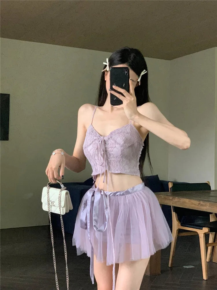 nvxiot - Fashion Pruple Two Pieces Sets V Neck Short Camis Vest Top+Super Mini Mesh Skirt Set New 2024 Summer 2pc Small Girl Dress Suits