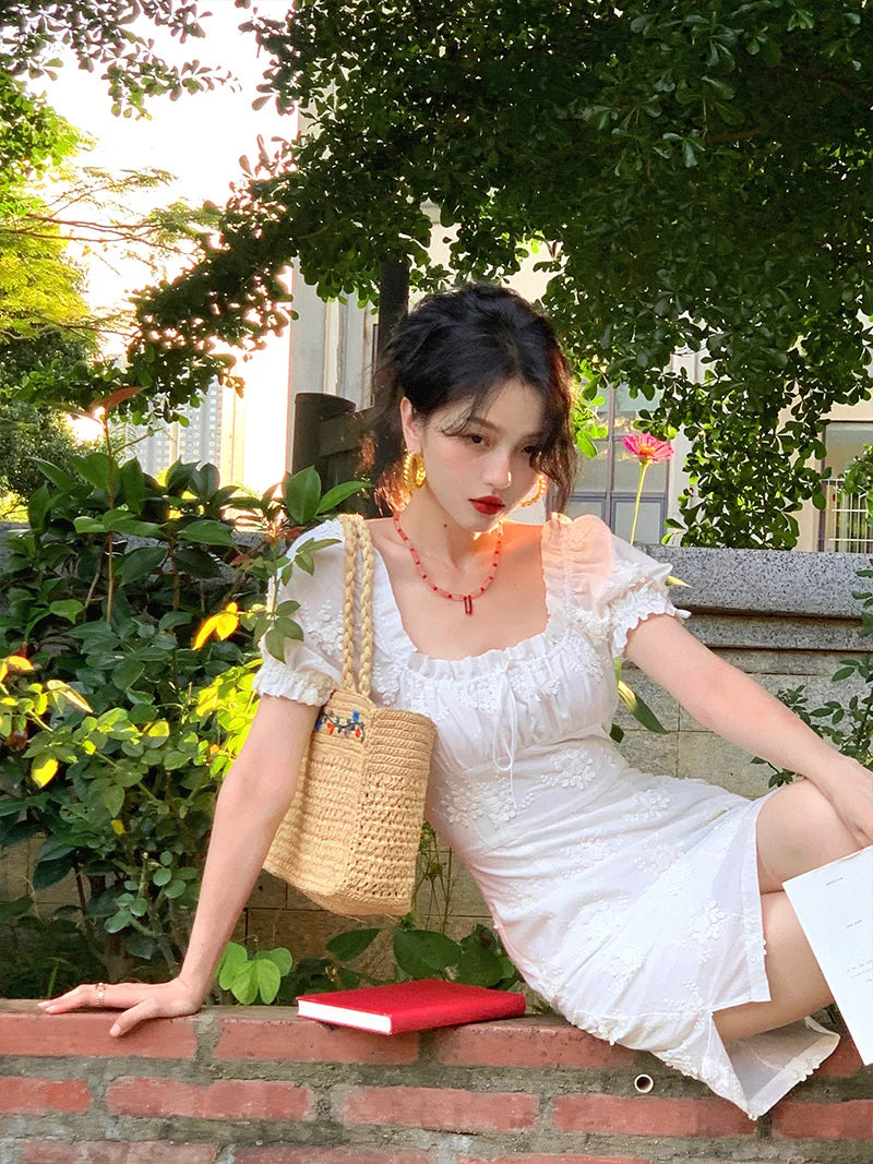 MQTIME - French White Moonlight Square Neck Bubble Sleeve Dress Women's Summer Lace Fragmented Short Skirt Women's Summer