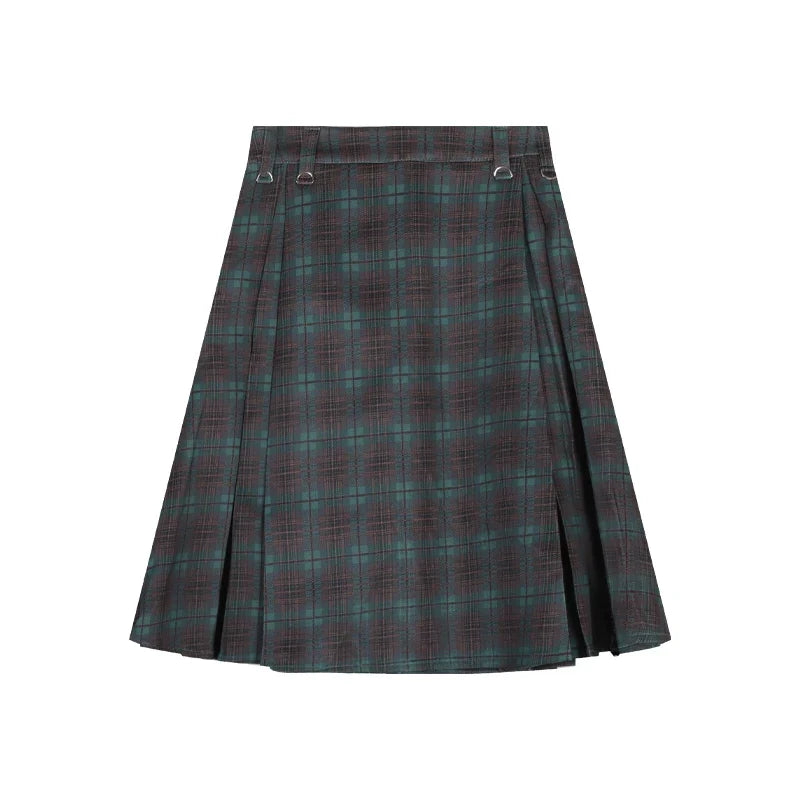 MQTIME - Vintage Plaid Midi Skirt Women American Retro Pleated A-line High Wasit Skirts Summer Fashion Uniform Aesthetics Clothes