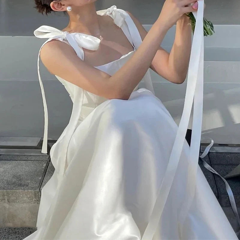 MQTIME - Spaghetti Straps Wedding Dress Square Collar Floor-length A-line Satin Vestidos De Novia Vintage Simple Sweet Evening Dresses
