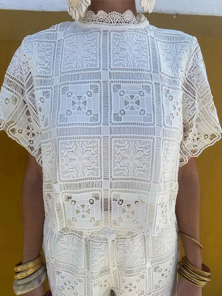 MQTIME - Hollow Out Solid Lace Pant Set Women O-neck Hook Pullover Top High Waist Trouser Suit 2 pieces 2024 Summer All-matching Outfits