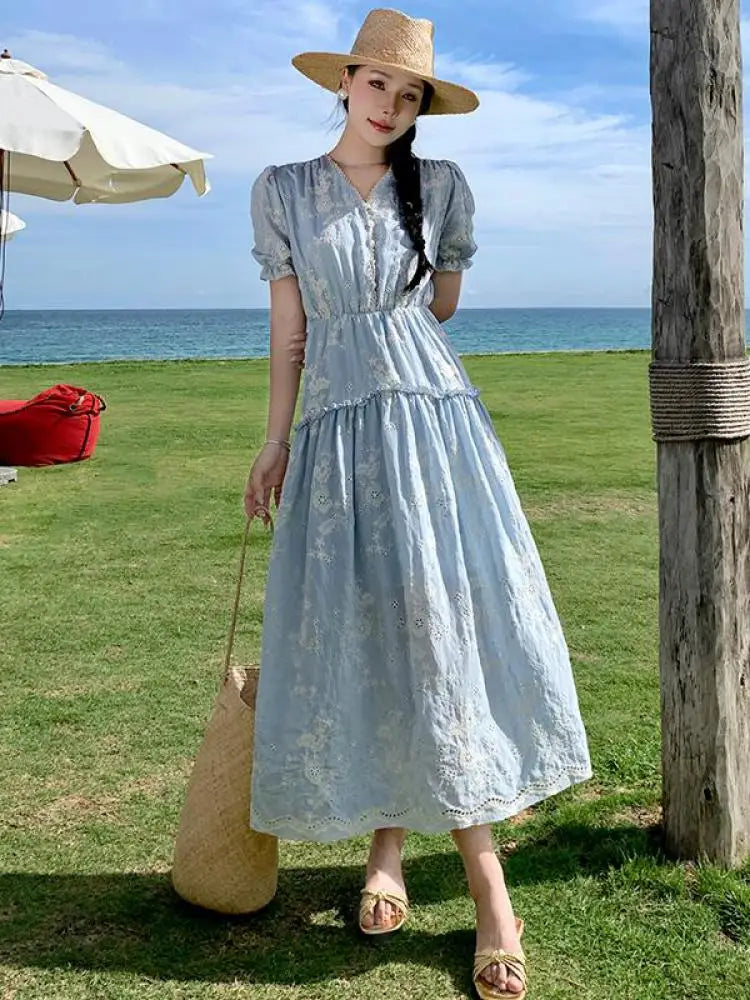 nvxiot - 2024 Summer Women Sweet Blue Splicing Short-sleeved Embroidered Pleated Dress V-neck High Waist Ruffles Party Long Dresses Boho