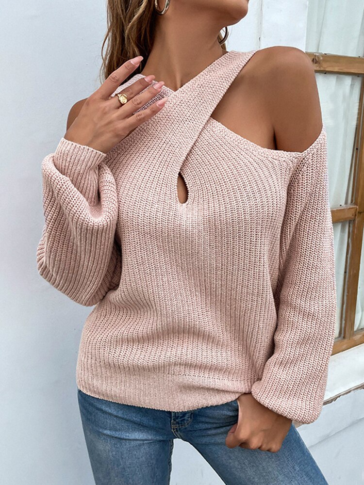 nvxiot Cold Shoulder Autumn Halter Women Lantern Sleeve Sexy Pull Female Beige Winter Casual Knitted Sweater New Dropshipping