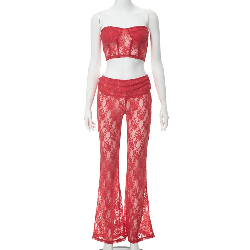 nvxiot - Women Sexy Red See Through Lace 2 Piece Set Strapless Crop Tops Ruched High Waist Slim Flare Pants Fashion Party Clubwear Suits