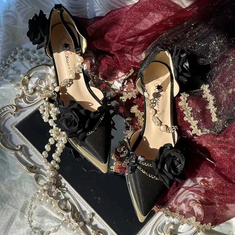 MQTIME - Black Red Gothic Lolita Shoe Wedding Lolita High Heels For Ladies Rose pointed toe dress shoes for womenluxury shoes sss grade