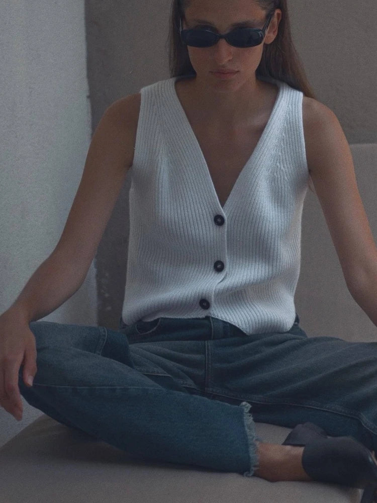 MQTIME - Fashion Casual Knitted Vest Women Elegant Single Breasted Solid Basic Sleeveless Sweater Vest Female Jacket Tops New Year 2024