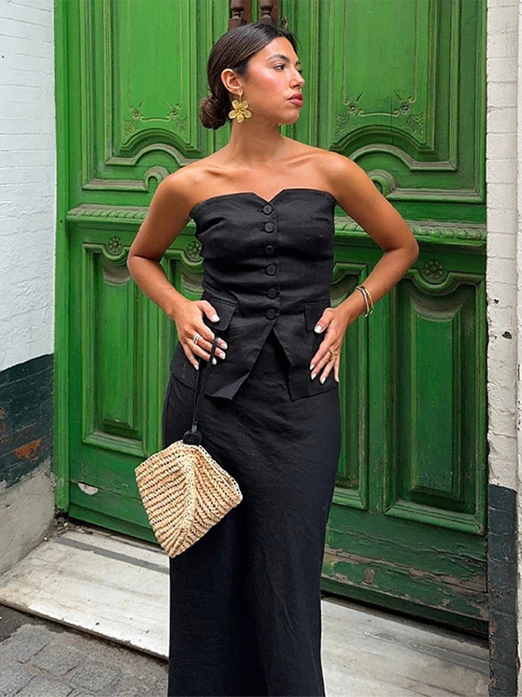 nvxiot - Chic Black Corset Top Shirts Suit Women Elegant Sleeveless Slim Fit Single-Breasted Sling Tops Skirts Sets Office Lady Party