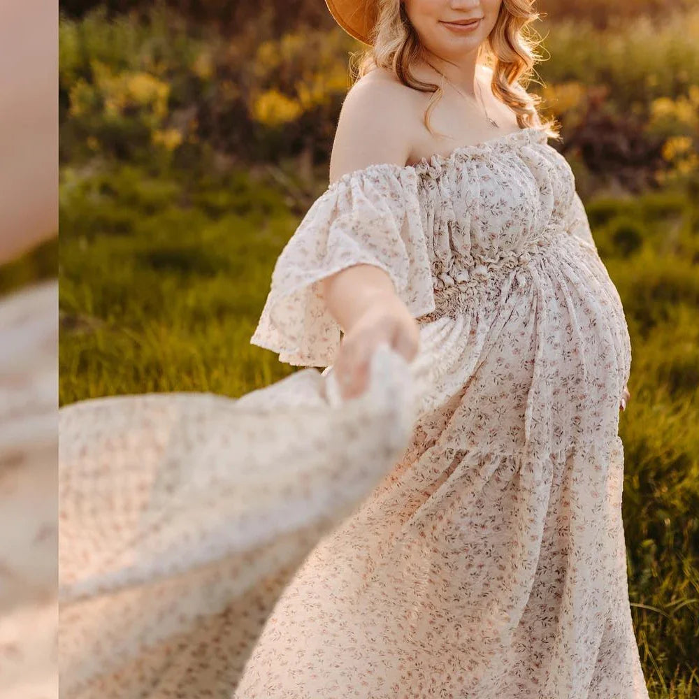 nvxiot - Photoshoot Dress For Women Floral chiffon Two-Piece Long Sleeved&Short Sleeved Short Top Maternity Dresses For Baby Showers