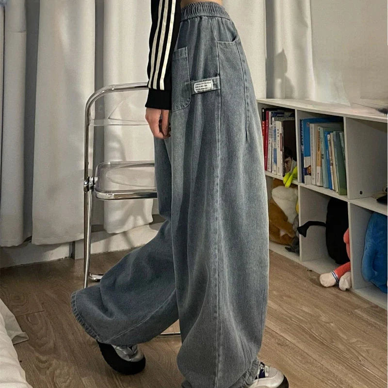 nvxiot - Elastic Waist Oversized American Trouser Denim Wide Leg Streetwear Straight Basic Pants Y2k Spring Women Vintage Baggy Jeans