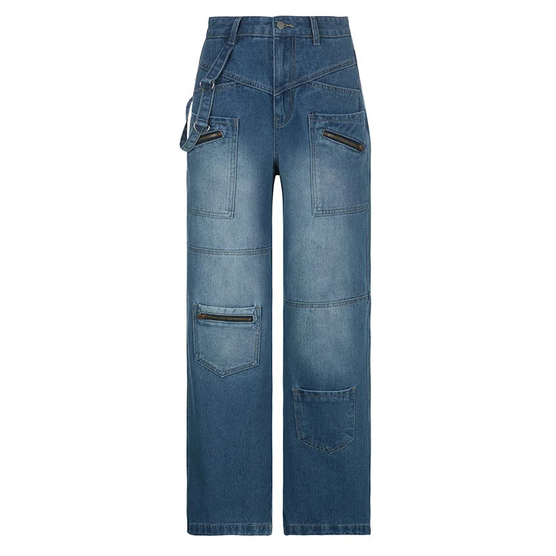 nvxiot - Women's Multi-pocket Distressed Jeans Female Long Pants Straight Wide-leg Zipper Streamer denim trouser Spring New Fashion 2024