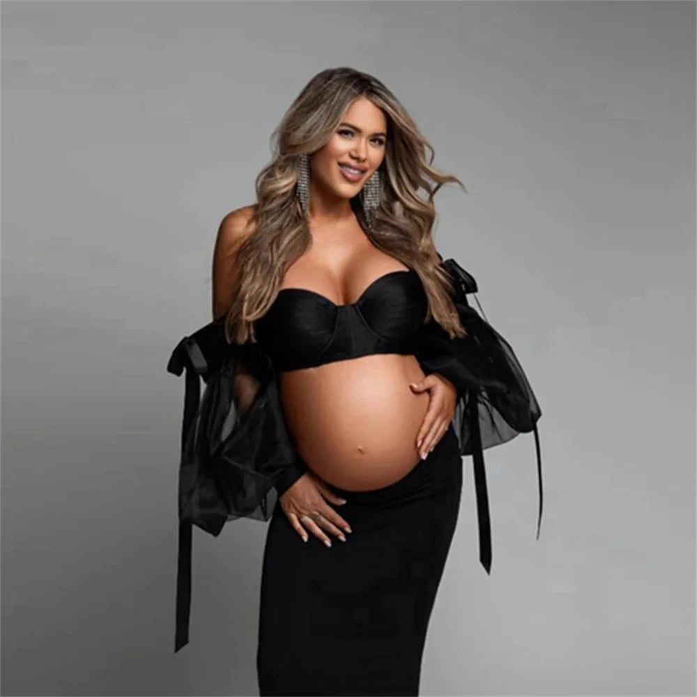 nvxiot - Sexy Black Tulle Pregnant Women Tops For Photography Charm Sweetheart Puff Sleeves Maternity Mini Mesh Female Blouse