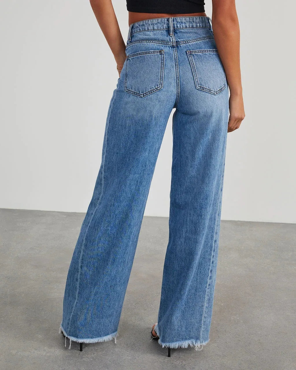 MQTIME - Women's Denim Jeans Wide Leg Pants High Waist Fashion Cotton Trousers Autumn Tide Straight Pants De Mujer Frayed Hem Jeans