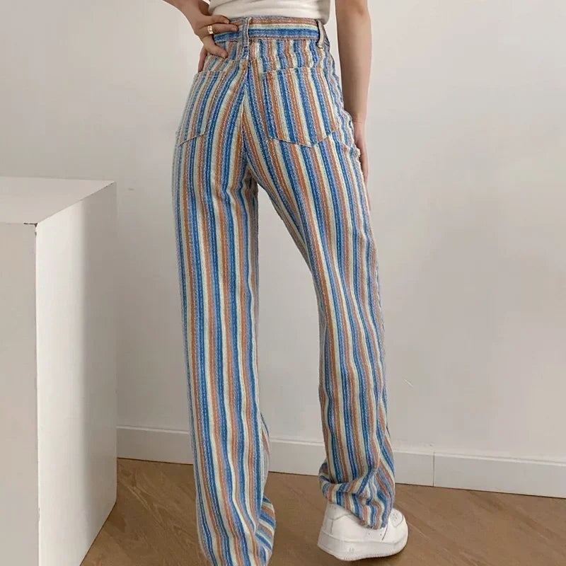 nvxiot - Summer Fashion Women's Pants Women's Clothing e girl aesthetic Color Striped Straight High Waist Casual Pants Streetwear Women