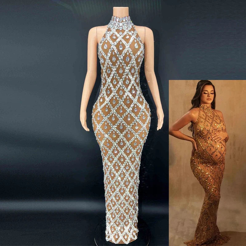 nvxiot - Maternity Photography Sexy Shiny Goddess Bodysuit Rhinestone Maternity Dress For Photo Shoot