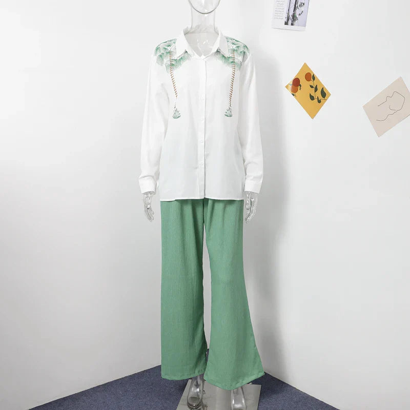 MQTIME - Casual Green Print Shirts Set Women Loose Single Breasted Blouses Pleated Drawstring Wide Leg Pants 2024 Summer Lady Outfit