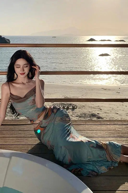 nvxiot - Summer Holiday Blue Print Two-piece Set Women Backless Spaghetti Strap Short Tops + High Waist Pleated Long Skirts Suit Bohemian