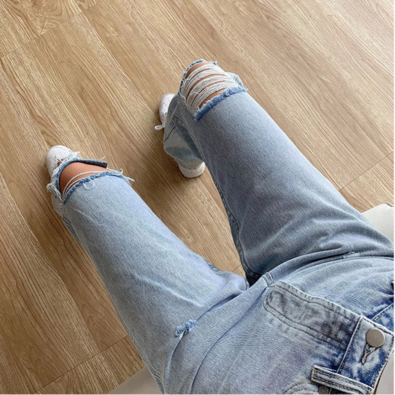 nvxiot new summer women's denim straight casual pants wide leg wash water hole mid waist denim smoke pipe pants women straight