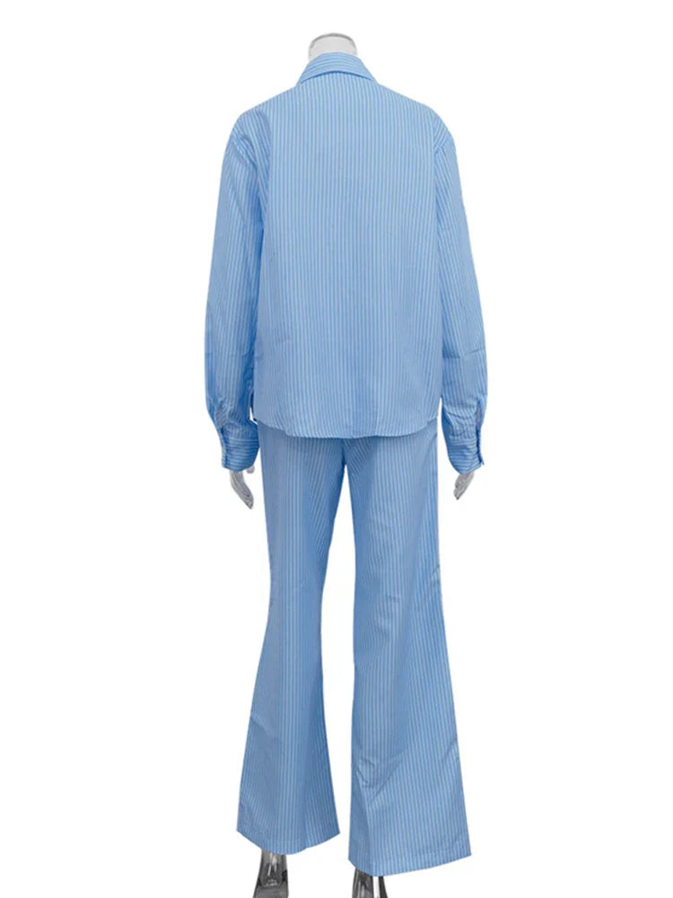 MQTIME - 2024 Women Autumn Winter Striped Pant Set 2 Two Piece Blue Outfits Matching Shirt Suit Set For Women