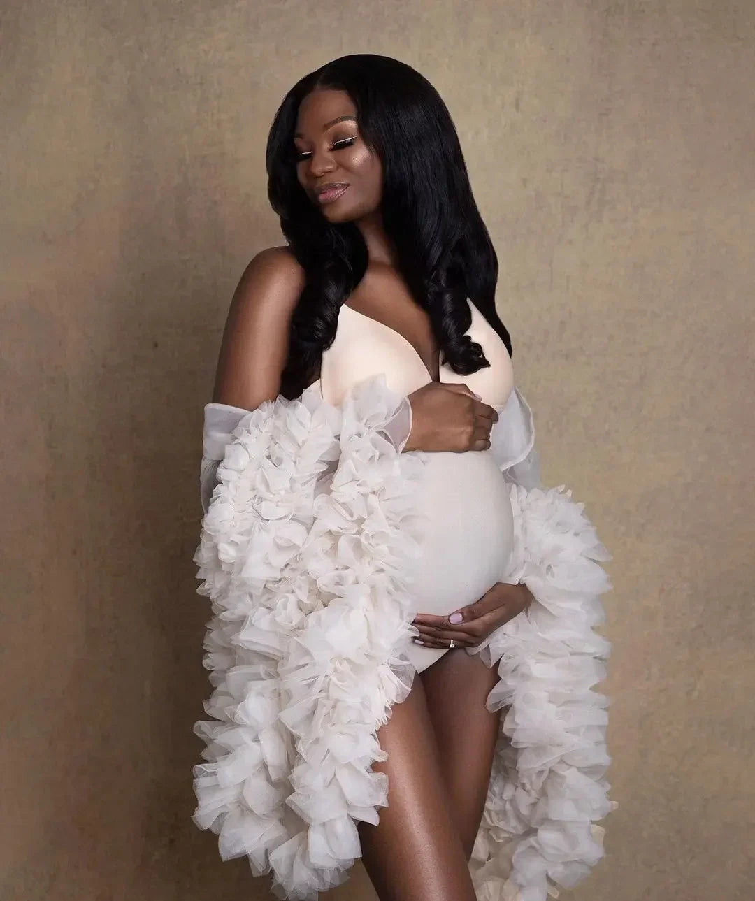 nvxiot - Ivory Bodysuit Maternity Robes Women Bathrobe Wrap Photo Shoot Birthday Sexy Bridal Fluffy Sleeve Sleepwear Custom Made