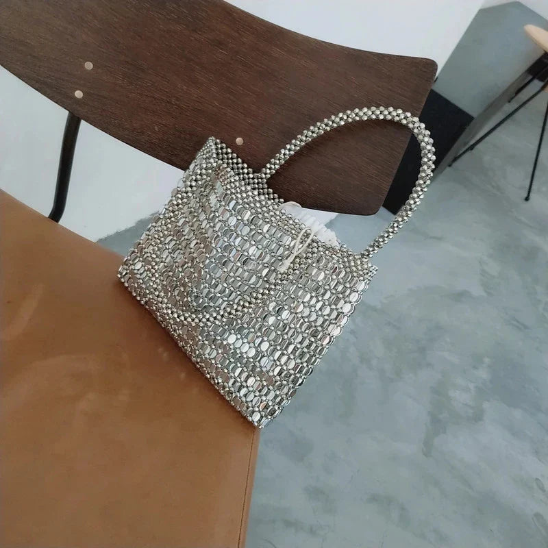 MQTIME - Vintage Handmade Ladies Handbag Weave Beaded Fashion Silver Color Shining Sequin Shoulder Bag Clutches Womens Party Handbag