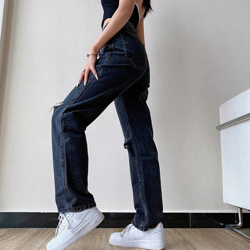 nvxiot new summer women's denim straight casual pants wide leg wash water hole mid waist denim smoke pipe pants women straight