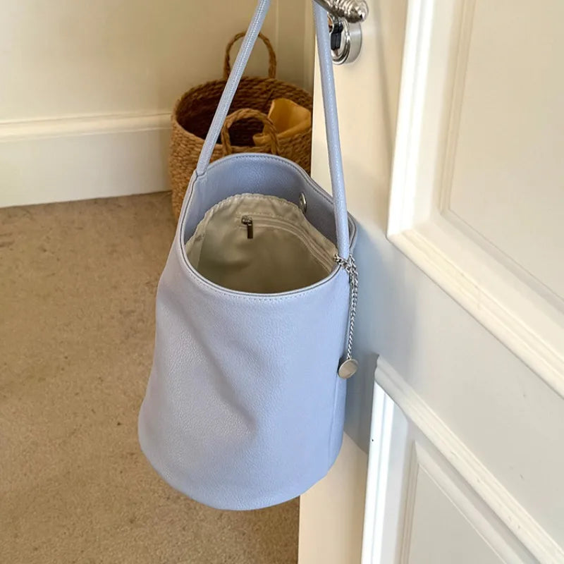 nvxiot - Fashion Shoulder Bag for Women Simple Black Casual Pu Leather Bucket Bag Elegant Korean Style Exquisite New Ladies Handbag
