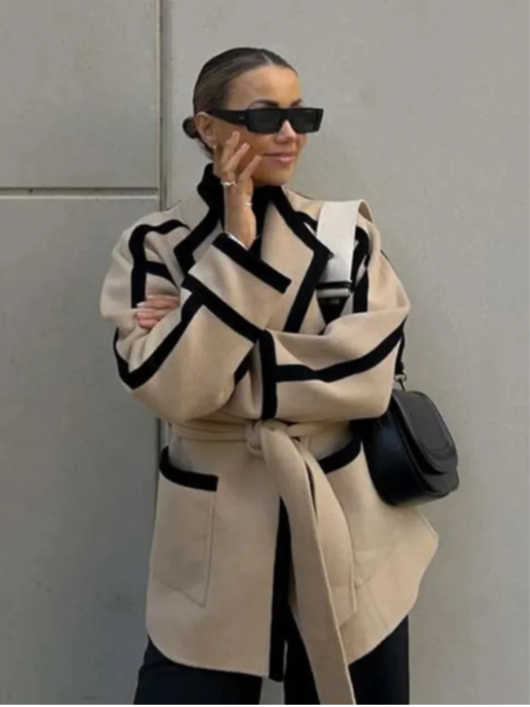 nvxiot - Casual Lace Up Women's Coat Cardigan Long Sleeve Winter Outerwears Fashion High Street Elegant Warm Jacket Female Commut Coats