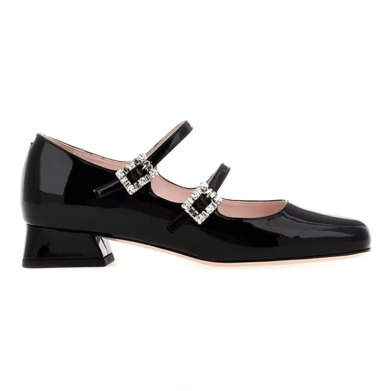 MQTIME - 2024 Spring Retro Rhinestone Mary Jane Women Shoes French Shallow Leather Single Shoes Chunky Heel High Shoes High Heels Women