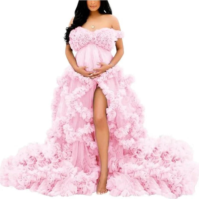 MQTIME - Maternity Photoshoot Tulle Maxi Gown Baby Shower Dress Tiered Ruffles Party