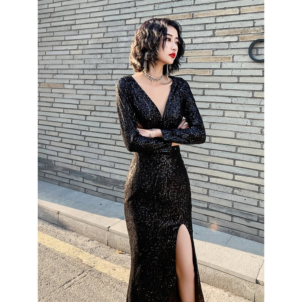 MQTIME - Sexy Black Mermaid Banquet Dress Deep V-Neck Beading Backless High Slit Floor Length Formal Evening Dresses Maxi Vestido