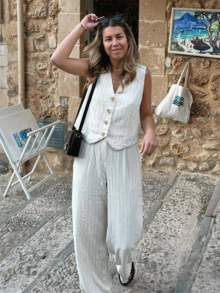 MQTIME - Elegant Striped Pants Set Women 2 Piece V-neck Sleeveless Single Breasted Top Wide Leg Trousers Sets 2024 Summer Nes Lady Outfit