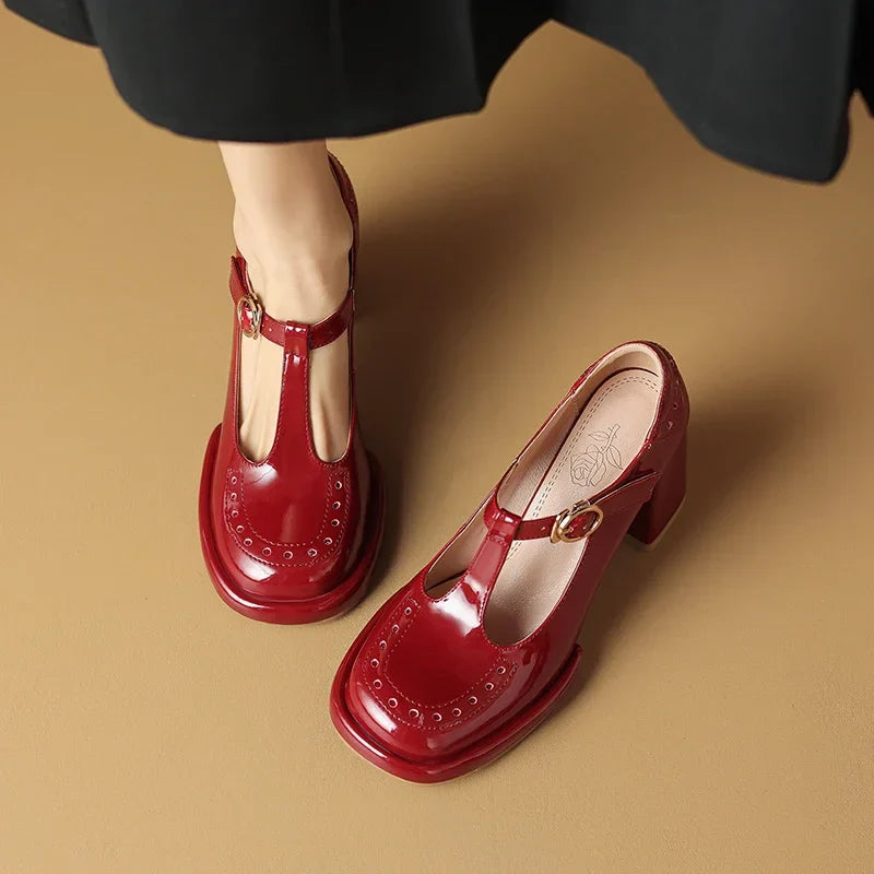 MQTIME - 2024 new spring summer women pumps natural leather 22-24.5cm cowhide+pigskin round toe T-shaped buckle hollow out brogue