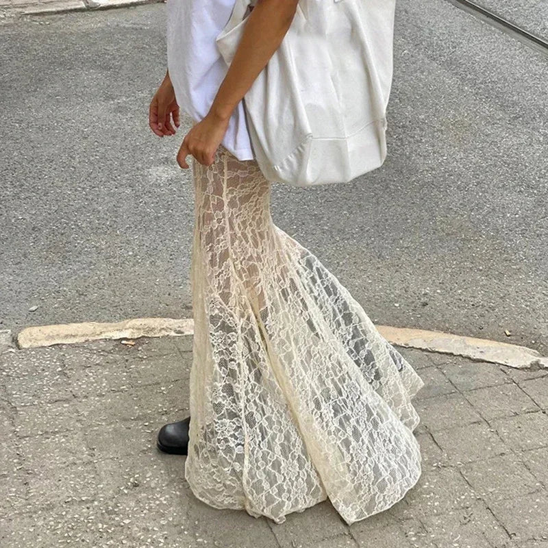 MQTIME - Semi Sheer Midi Long Skirt with Two Layer Lace Trumpet Mermaid Maxi Skirts @e-girl fairycore 2000s grunge goth aesthetic korean