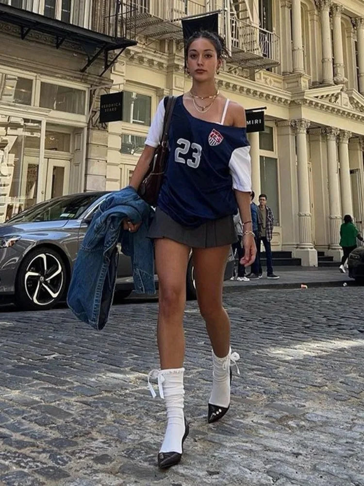 MQTIME - Streetwear Y2k Graphic T Shirts Women Oversized Vintage Off Shoulder Tees Harajuku Letter Printed Short Sleeve Tops